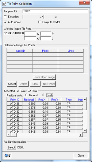 Tie Point Collection window showing TPs in the selected image