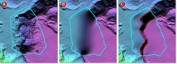 Images A, B, and C comparing filtering without and with break lines