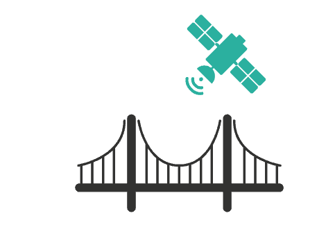 Image of a suspension bridge with an icon of a satellite superimposed watching over the bridge