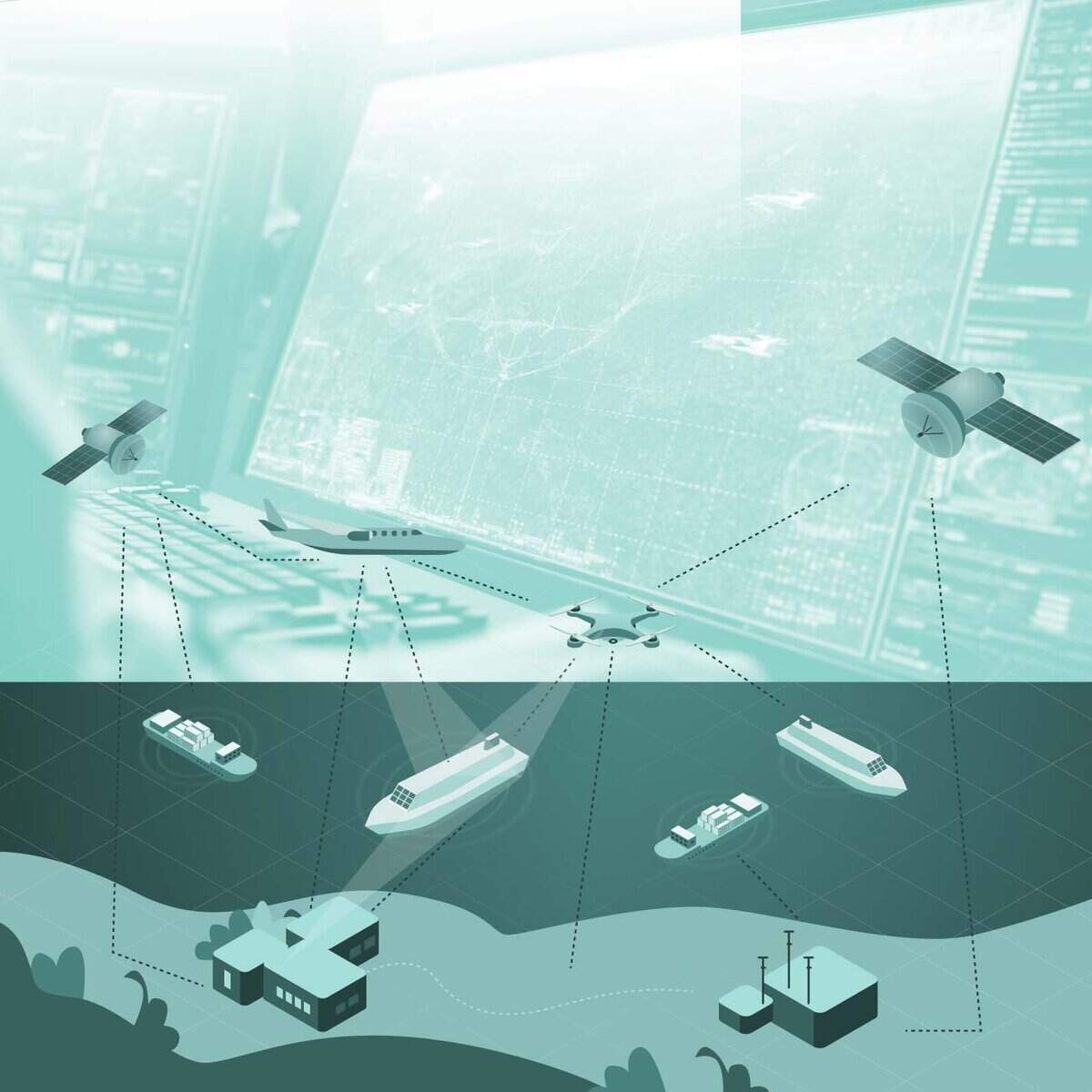 A graphic showing satellites monitoring sea and land