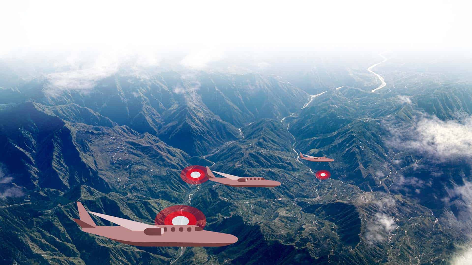 An image of a mountainous region with flat images of plans a radar points on land