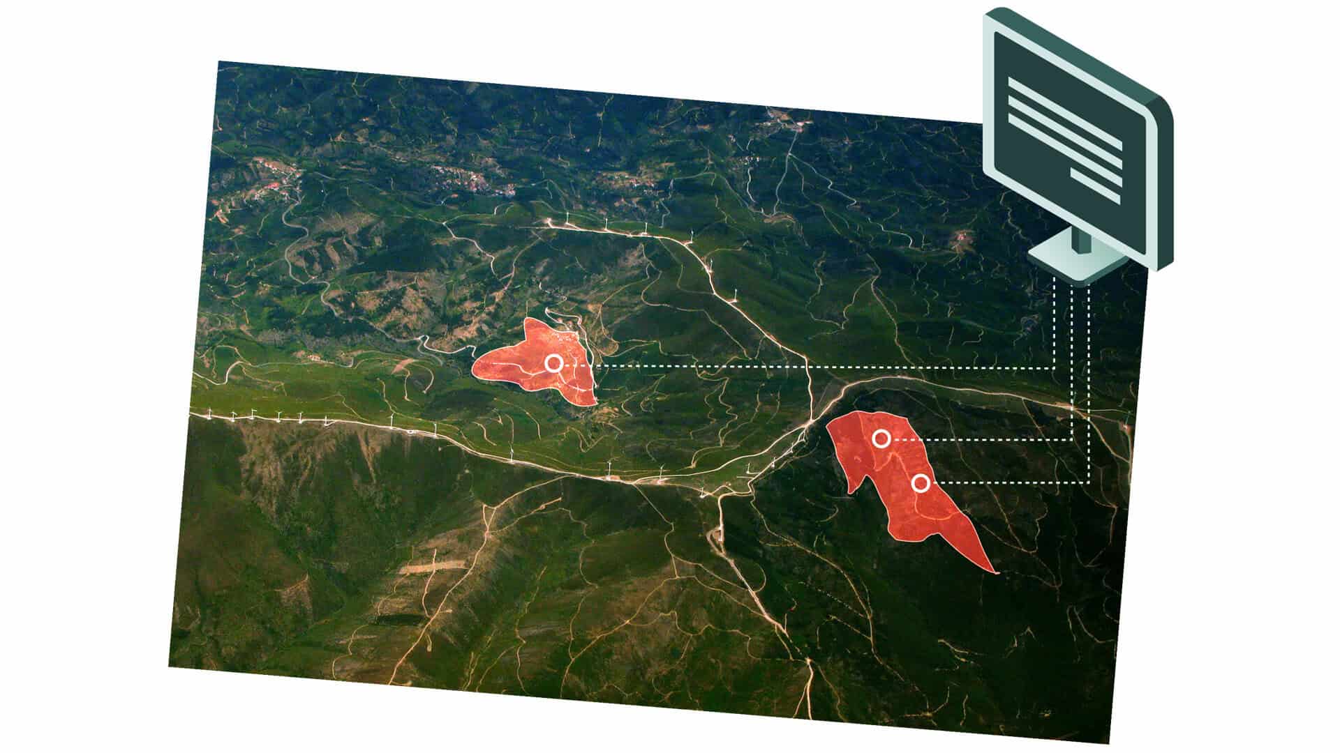 An image showing areas being monitored and real time data being fed to a PC screen
