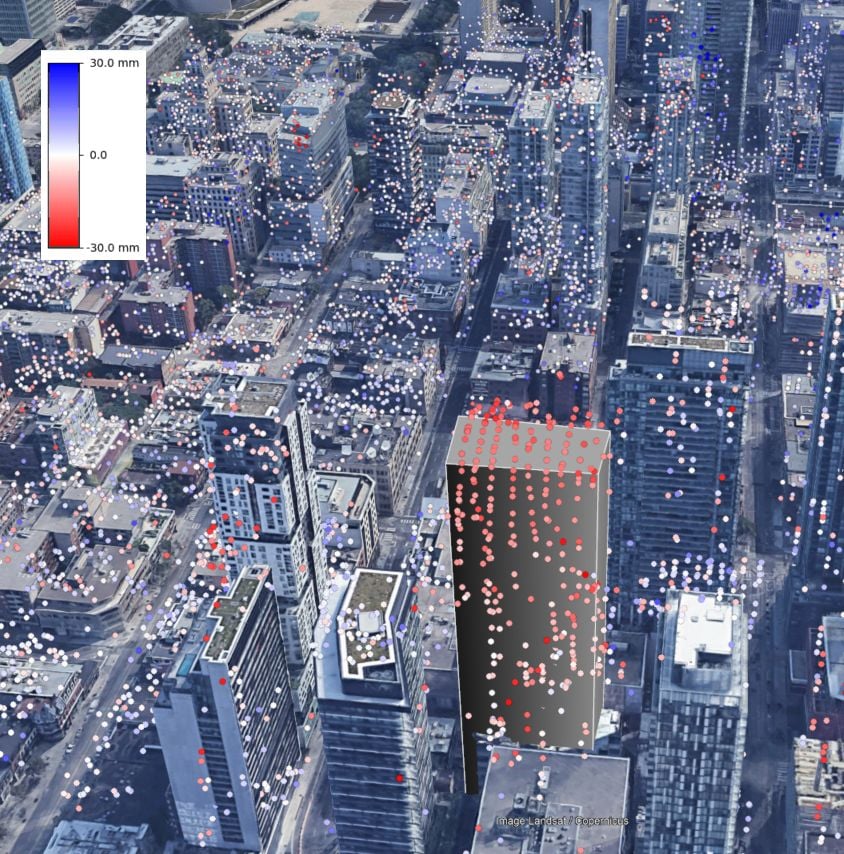UrbanSAR floor-by-floor vertical displacement on a Toronto tower, with surrounding buildings colour-coded by movement
