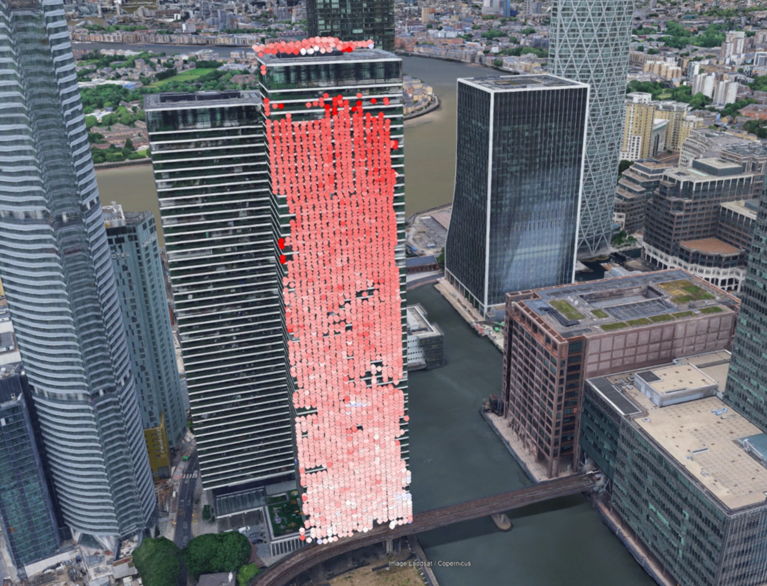 High-rise corridor with per-building displacement overlay